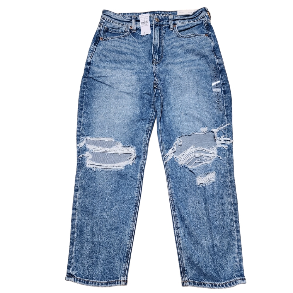 American Eagle Extra-Short High-Rise Strigid Blown Out Ripped Mom Jean 8
